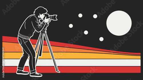 Photographer with camera on tripod nighttime scene retro style illustration abstract background.