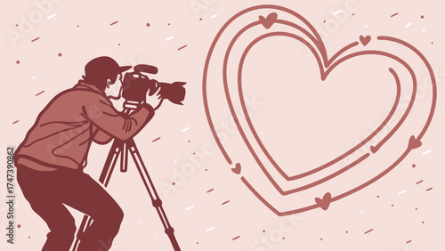 Photographer with DSLR Camera on Tripod Heart Shaped Design Romantic Theme Illustration.
