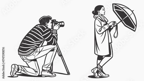 Photoshoot Photographer Model Black and White Illustration Fashion Photography Studio Portrait Graphic Design Vector Art Camera Tripod Umbrella Stylish Pose Clothing Artwork Image.