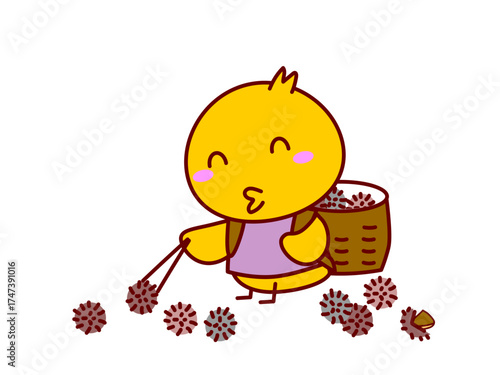 栗拾いをするひよこ