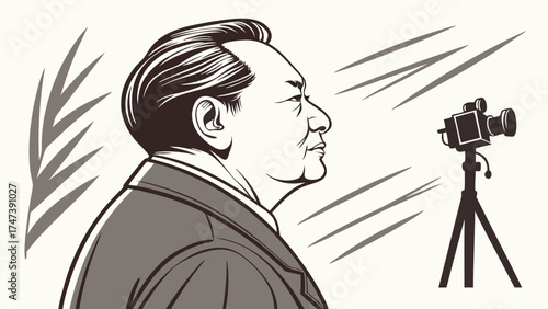 Profile illustration of a person with a vintage camera on a tripod black and white vector art graphic design element for news media history politics.