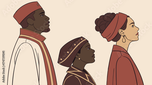 Profile illustrations of diverse individuals in elegant attire.