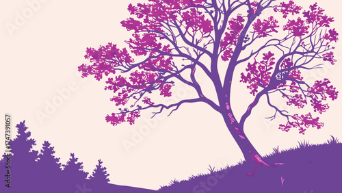 Purple tree illustration spring nature background floral design artistic tree silhouette botanical artwork minimal landscape purple tones artistic tree nature illustration graphic design.