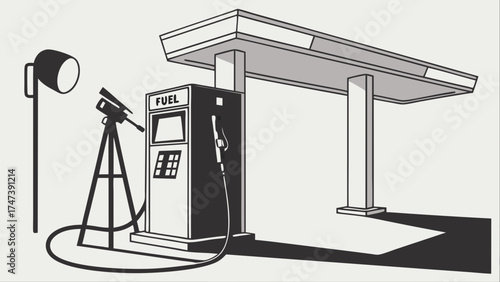 Retro Gas Station with Studio Lighting Setup Illustration Design.