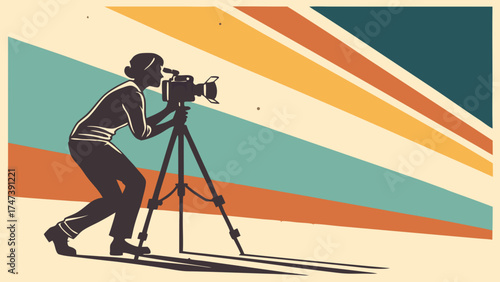Retro Filmmaking Silhouette Vintage Camera Operator on Tripod Colorful Stripes Background.