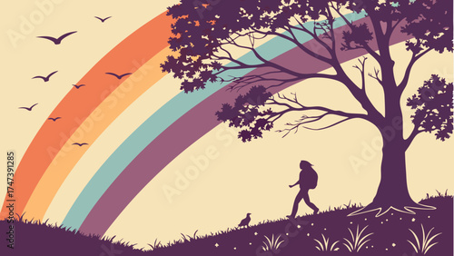 Retro styled illustration of a person hiking with a rainbow and birds.
