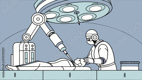 Robotic Surgery Illustration Doctor Medical Robot and Patient in Operating Room.