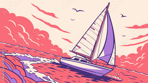 Sailing boat on the ocean at sunset summer vacation nautical adventure vector illustration.