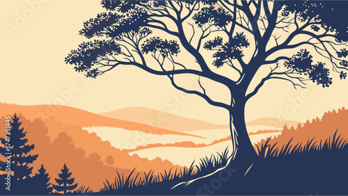 Scenic landscape illustration stylized nature illustration autumnal hills and tree silhouette tranquil nature scene vector illustration nature background tree silhouette hills landscape i.