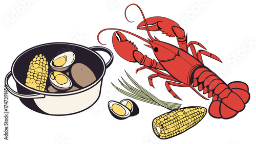 Seafood boil illustration lobster corn eggs pot seafood dinner menu design recipe graphic cooking illustration culinary art food illustration restaurant menu seafood platter deliciou.