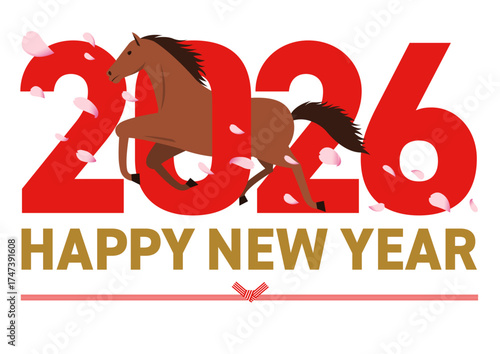 2026年の数字をくぐる午とhappy new yearの挨拶が書かれた桜が舞い散る新年イラスト
