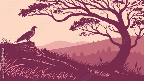 Serene landscape with bird silhouette perched on a rock overlooking hills and trees at sunset.