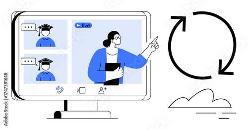 Online educator presenting to students during a live virtual class session on a computer screen. Ideal for distance learning, online communication, remote teaching, e-learning, collaboration