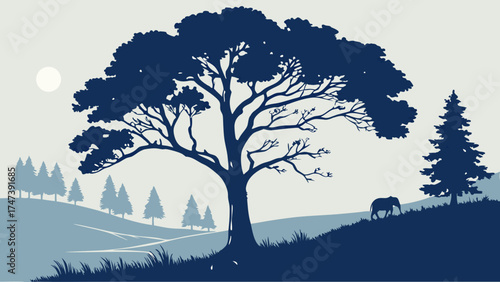 Serene landscape with trees animal silhouette and moon in a minimalist style.