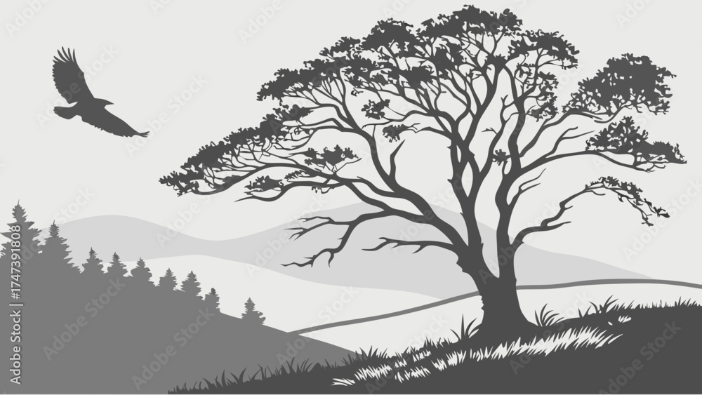 Fototapeta premium Silhouette of a bird flying over a tree and mountain landscape illustration.