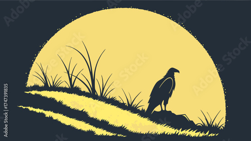 Silhouette of a bird of prey perched on a rock against a large yellow moon and grass illustration.
