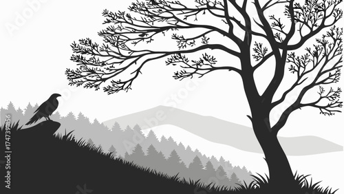 Silhouette of a bird of prey perched on a rock overlooking a mountain forest landscape with a large tree.