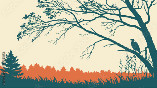 Silhouette of a bird perched on a tree branch overlooking a forest and grassy field at sunset.