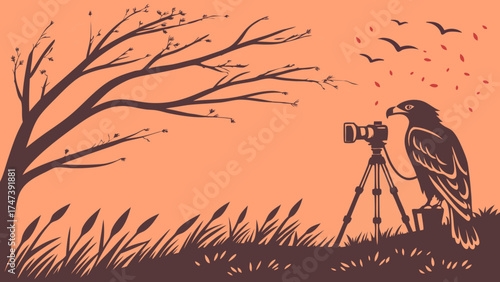 Silhouette of a bird using a camera on a tripod autumnal scene with flying birds and a tree.