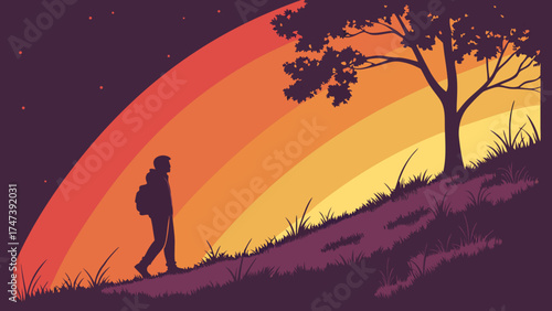 Silhouette of a person hiking uphill at sunset vibrant gradient background nature illustration.