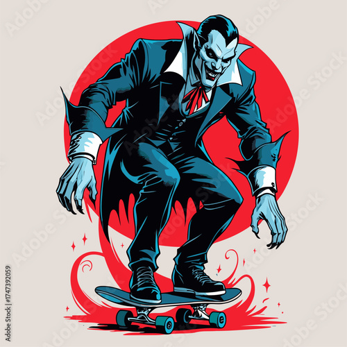 vector illustration of Dracula playing skateboard