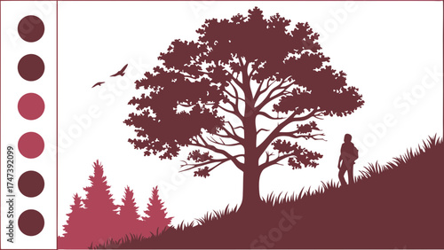 Silhouette of a Person Standing by a Large Tree in a Field with Birds Flying Overhead.
