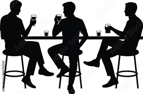 Silhouette of people sitting at table with drinks, social gathering conversation, bar café leisure scene, friends interaction vector artwork