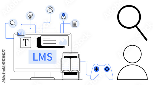 Desktop with LMS interface, open book, smartphone, game controller, magnifying glass, user icon. Ideal for education, e-learning gamification teaching training technology innovation. Simple flat