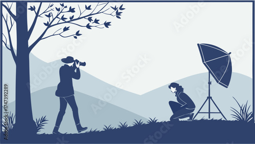 Silhouette of Photographer Shooting a Model Outdoors in a Scenic Landscape.