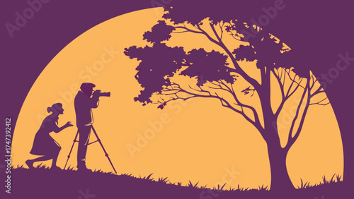 Silhouette of Photographers Working Outdoors at Sunset with Tree.