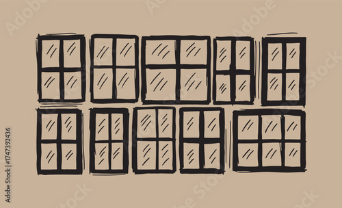 Collection of antique window panes with hand drawn details