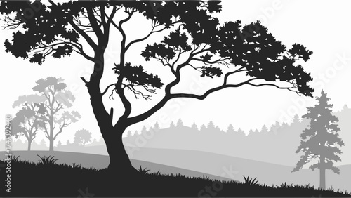 Silhouette of trees and hills monochrome landscape illustration nature scene forest background woodland graphic.