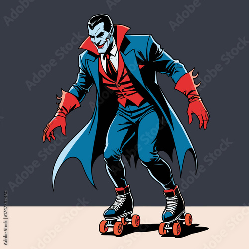 illustration of Dracula rollerblading