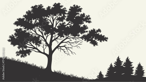 Silhouette of Trees on a Hill Nature Illustration Black and White Graphic Design Element.