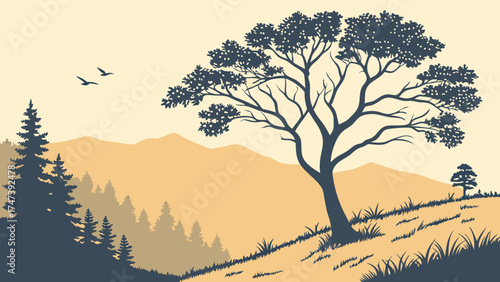 Silhouette of Trees Mountains and Birds in a Peaceful Landscape Illustration.