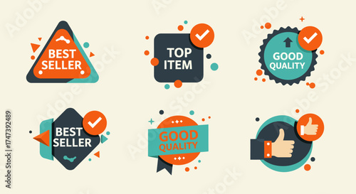 A contemporary flat design vector icon set showcasing geometric badges for best seller, top item, and good quality. These minimalist 2D illustrations feature a vibrant yet limited color palette.