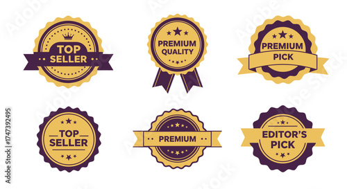 A refined flat design vector icon set combining crown, star, and ribbon elements to create badges for top seller, premium quality, and editor's pick.