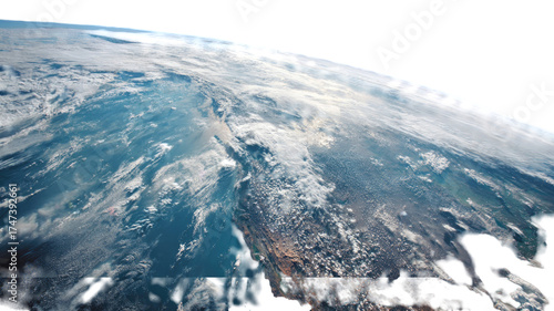 Planet Earth view from outer space showing atmosphere clouds ocean and land curvature isolated on white background