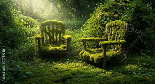 An old mossy wooden chair in the middle of the forest.