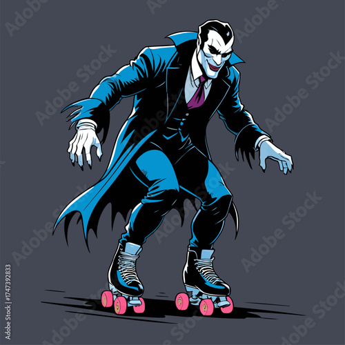 illustration of Dracula rollerblading