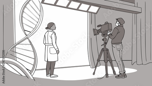Studio filming scientist interview medical broadcast healthcare professional television production dna backdrop cameraman video recording interview set professional video medical news.