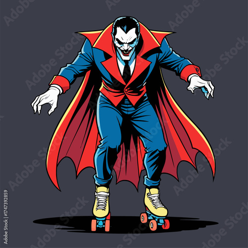 illustration of Dracula rollerblading