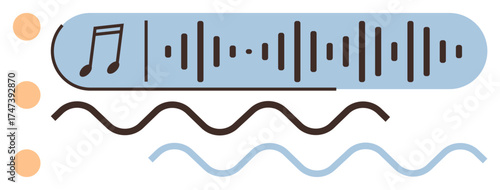Music note, waveform, sound waves, and vibration lines represent audio creation and sound analysis. Ideal for sound production, audio engineering, podcasts, creativity, technology vibration simple