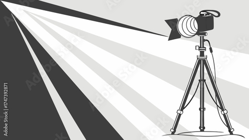 Studio lighting equipment on tripod spotlight photography illustration graphic design monochrome black and white rays of light shadow background template backdrop design element ligh.
