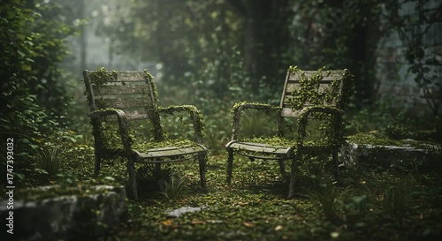 An old mossy chair in an abandoned city park.