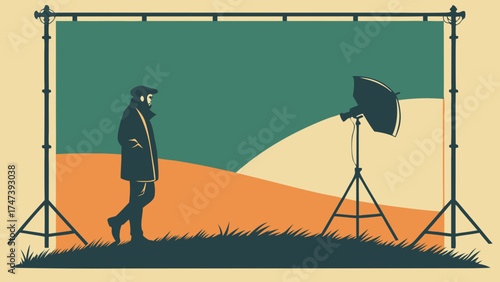 Studio Photography Backdrop Person Silhouette Lighting Equipment and Grass Illustration.