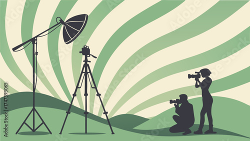 Studio Photography Scene Silhouettes of Photographers with Camera Equipment and Lighting Set Against an Abstract Background.