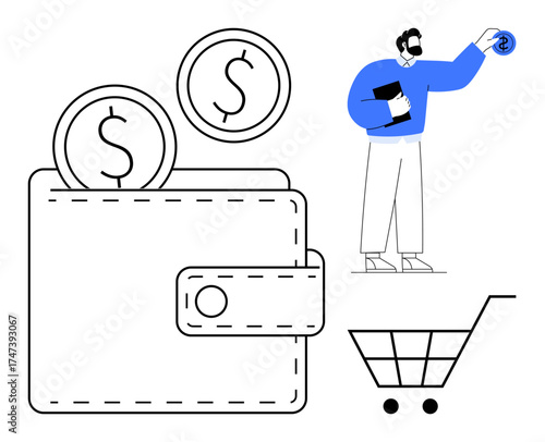 Wallet with dollar coins, person holding currency, and cart reflecting budgeting, finances, saving, online shopping, e-commerce, money management consumer behavior. A simple flat metaphor