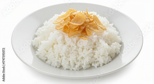 Rice and crackers on a plate isolated on a white background.