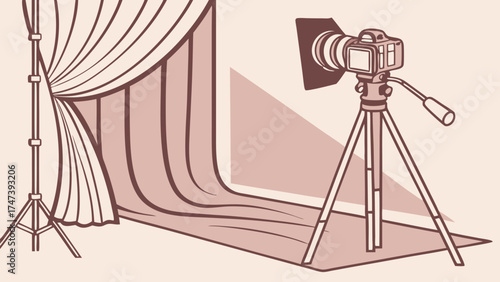 Studio Photography Setup Camera on Tripod with Backdrop and Lighting Illustration.